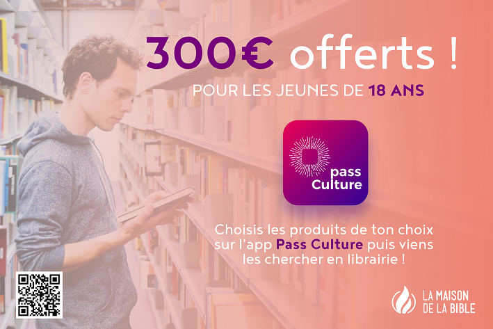 300€ offerts ! pour les jeunes de 18 ans. Choisis les produits de ton choix sur l'app Pass Culture puis viens les chercher en librairie !